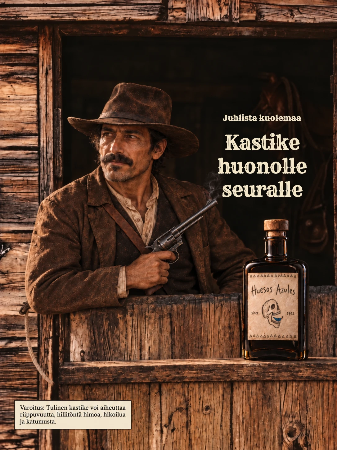Juhlista kuolemaa. Kastike huonolle seuralle — saluunan revolverisankari Huesos Azules -kastikepullon kanssa